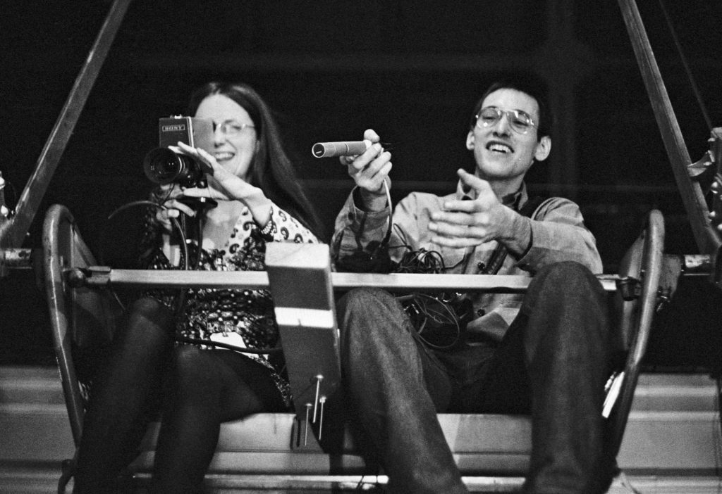 Sherry Miller and Ken Dominick with a camera at the Avant Garde Film Festival, 1971