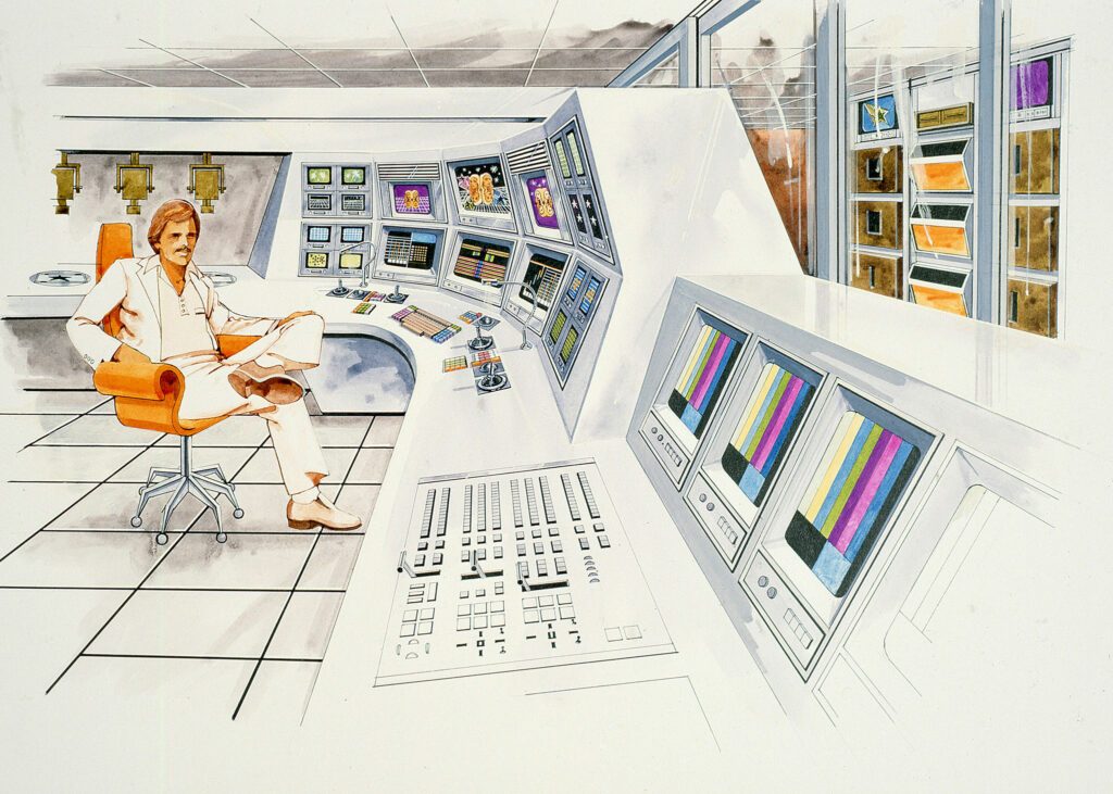 Concept drawing of a studio: a man in an orange chair at a curved console of monitors and controls