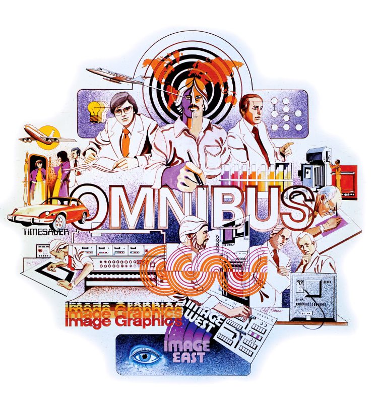 Illustrated Omnibus flyer: people, computers and the names Omnibus, Image Graphics, Image West and Image East